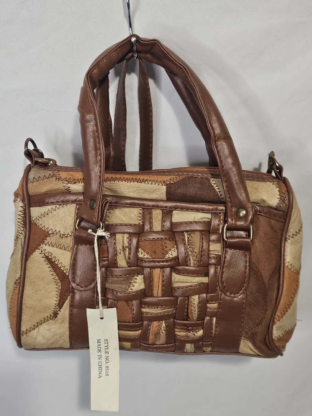 NWT Vtg 80s YOBO 9516 Leather Patchwork Basketweave Satchel Purse Crossbody Bag